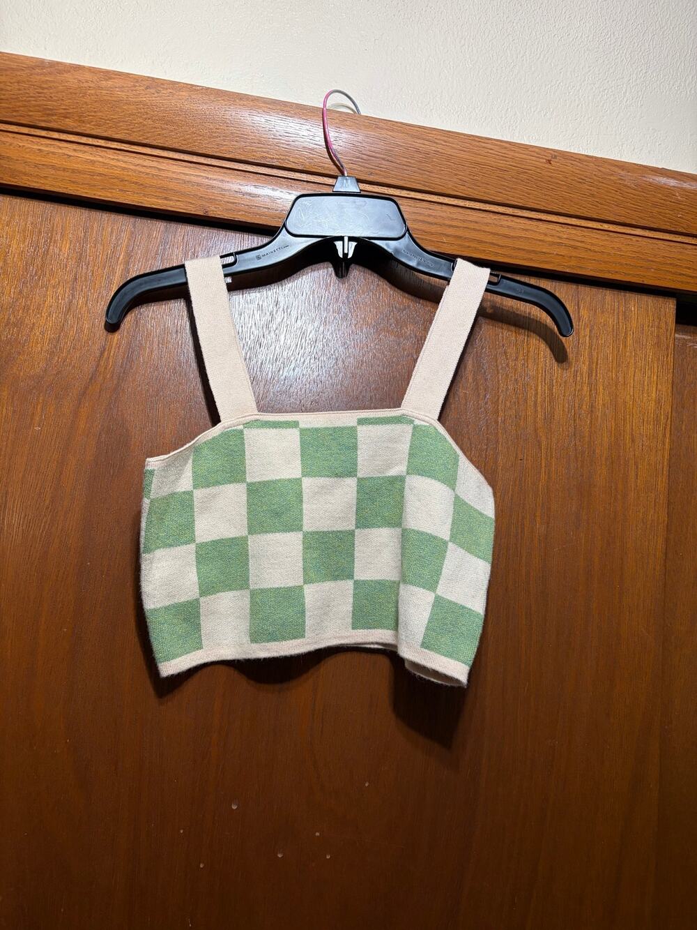 Altar'd State Green Cream Checkerboard Knit Cropped Tank Top Size S Y2K
